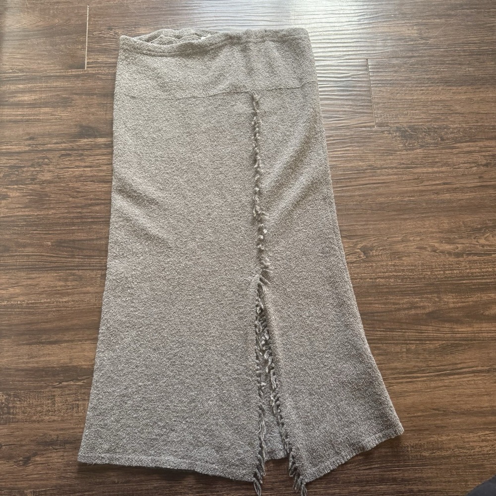 J. Jill Merino Wool Blend Grey Knit Skirt Fringe Side Slit Petite Small